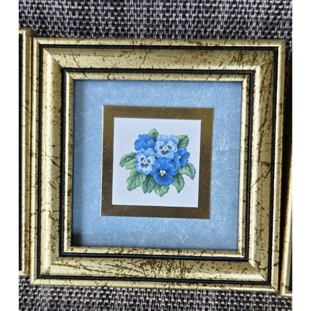 3 Miniature Pictures By Kathy Seek Blue Flowers Gold Frames 4x4 - Picture 3 of 12